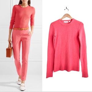 INHABIT Cashmere Stretch Crew Exposed Seam Sweater in Coral Pink